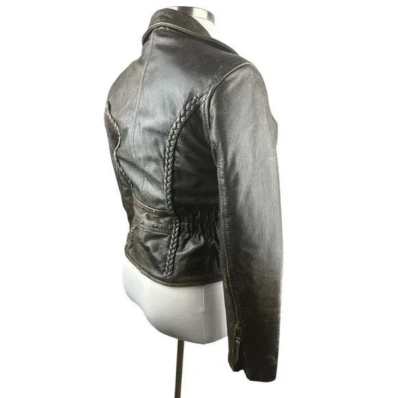 Unik Distressed Brown Leather Braided Moto Motorcycle Jacket Cross Zip Size XS - Picture 4 of 16
